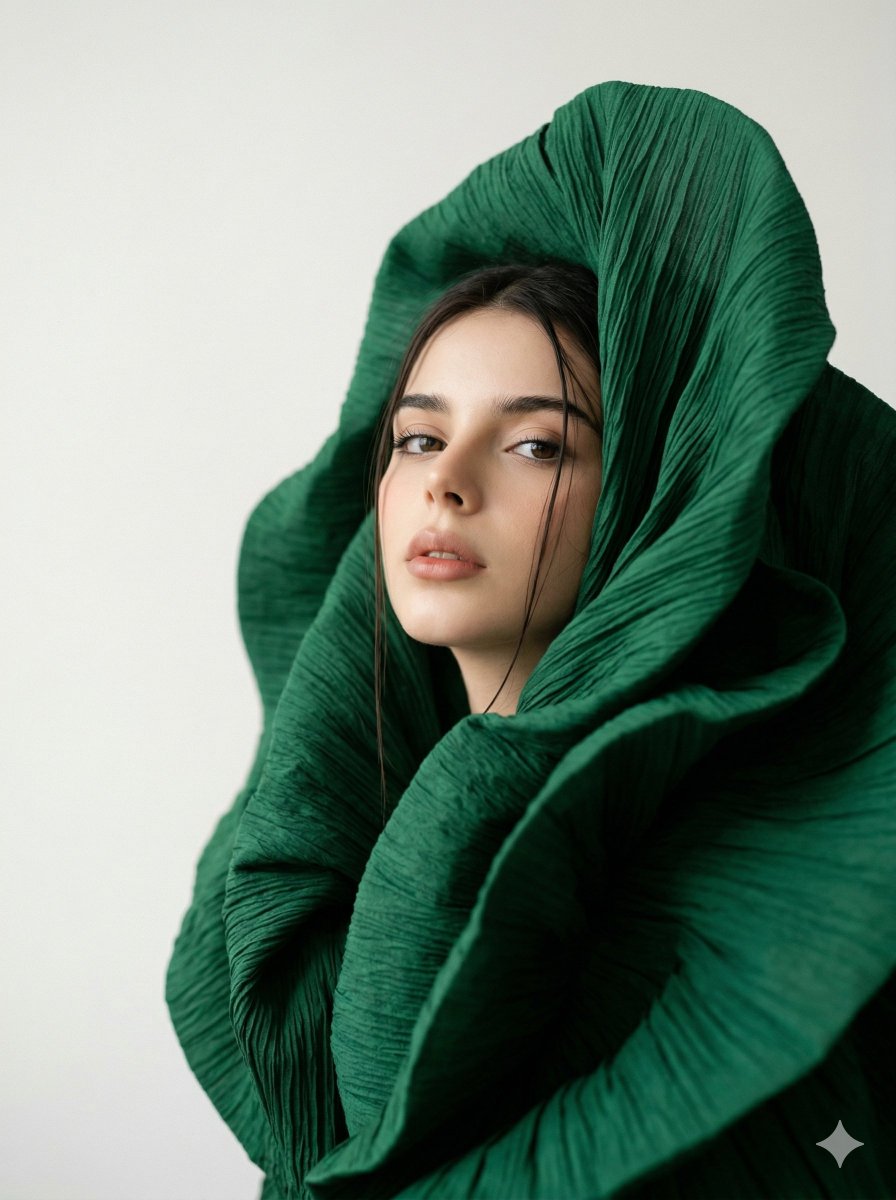 Avant Garde Sculptural Fabric Portrait — Nano Banana Pro image prompt example