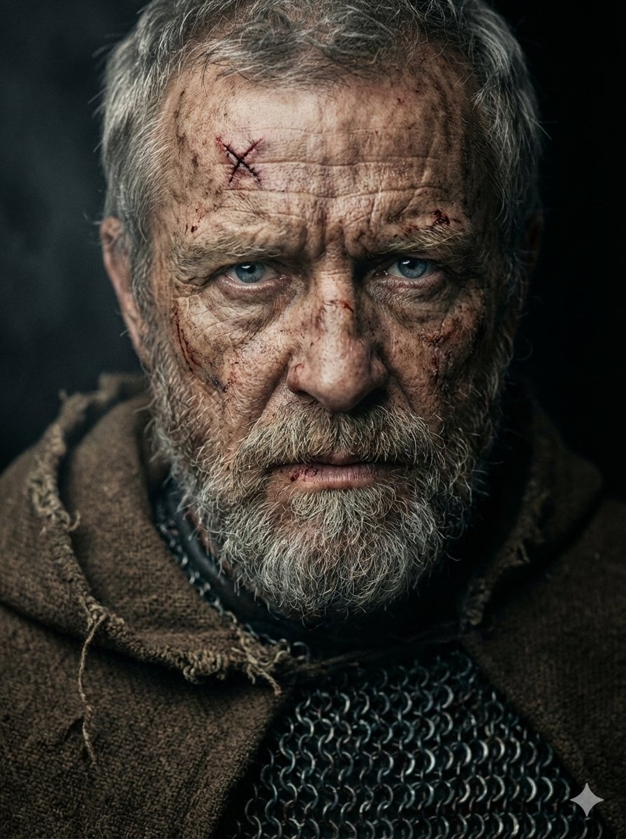 Battle Hardened Medieval Warrior Cinematic Portrait — Nano Banana Pro image prompt example