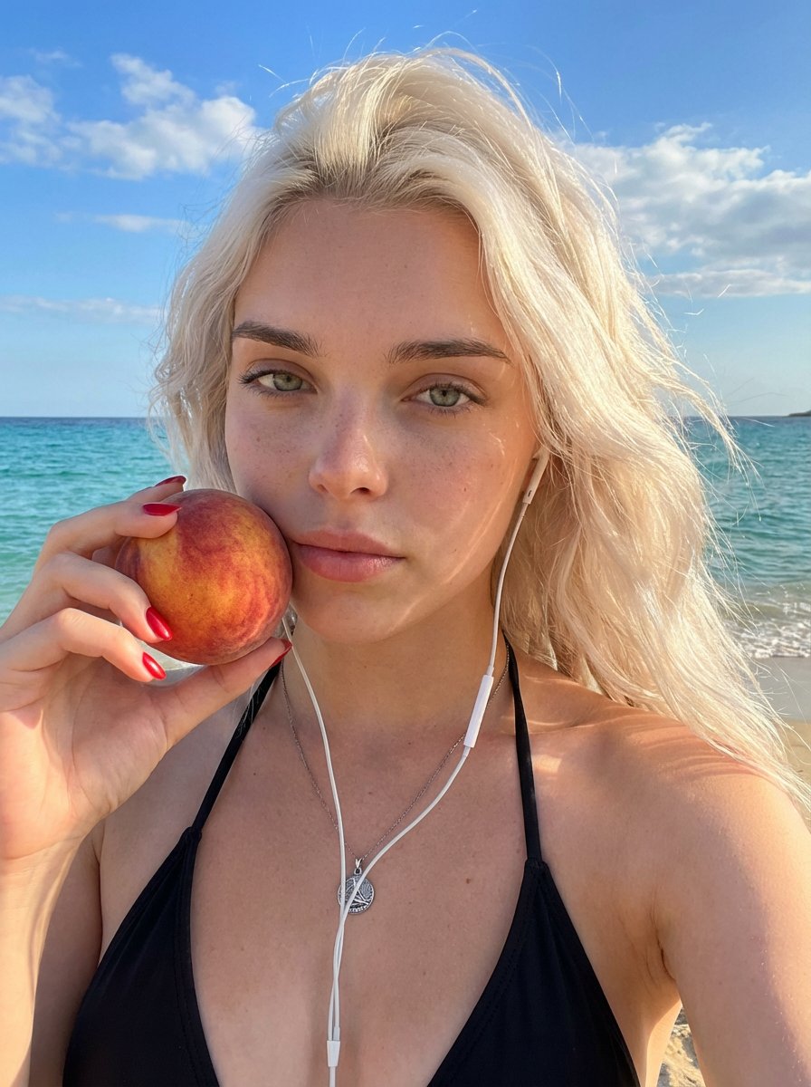 Beach Selfie Portrait With Peach Fruit — Nano Banana Pro image prompt example
