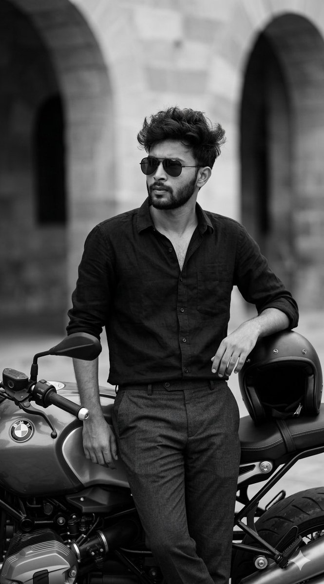 Black And White Cinematic Portrait With Motorcycle — Nano Banana Pro image prompt example