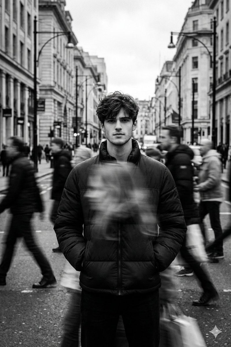 Black And White Cinematic Street Portrait With Motion Blur — Nano Banana Pro image prompt example
