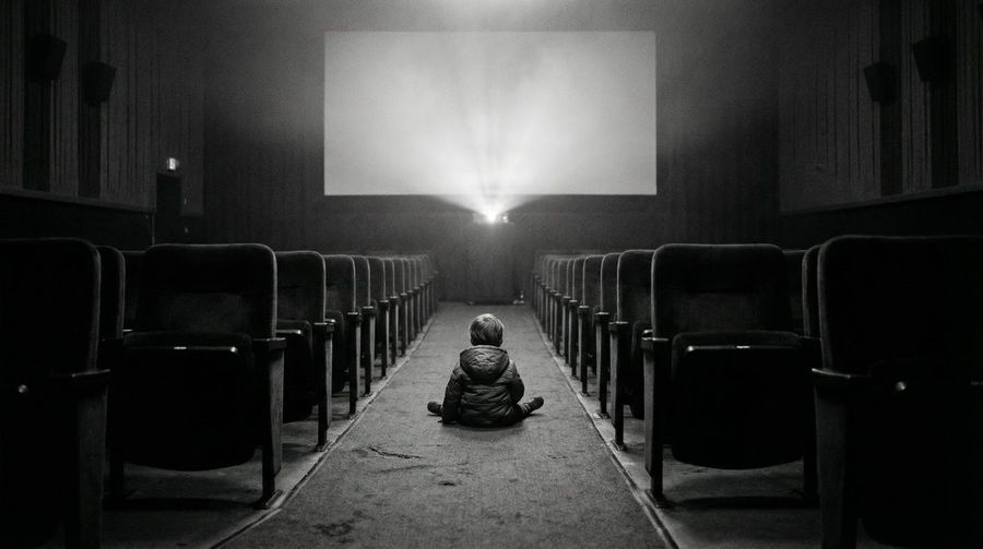 Black And White Documentary Photo Of Child In Cinema — Nano Banana Pro image prompt example