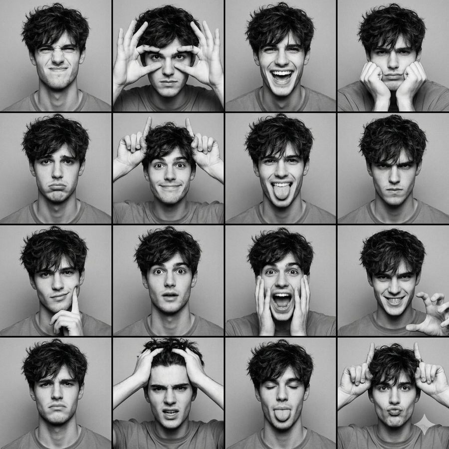 Black And White Photobooth Expression Grid 4x4 — Nano Banana Pro image prompt example