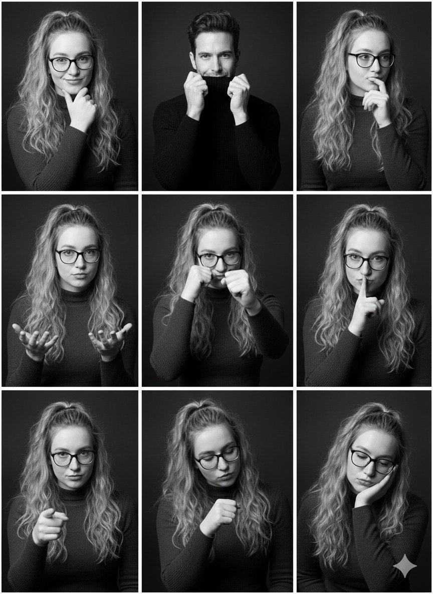 Black And White Studio Portrait Collage 3x3 Grid — Nano Banana Pro image prompt example