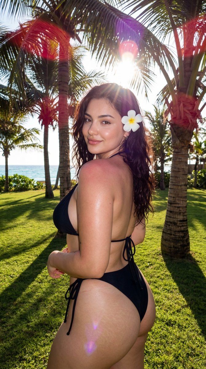 Black Bikini Tropical Lawn Selfie Vibe — Nano Banana Pro image prompt example
