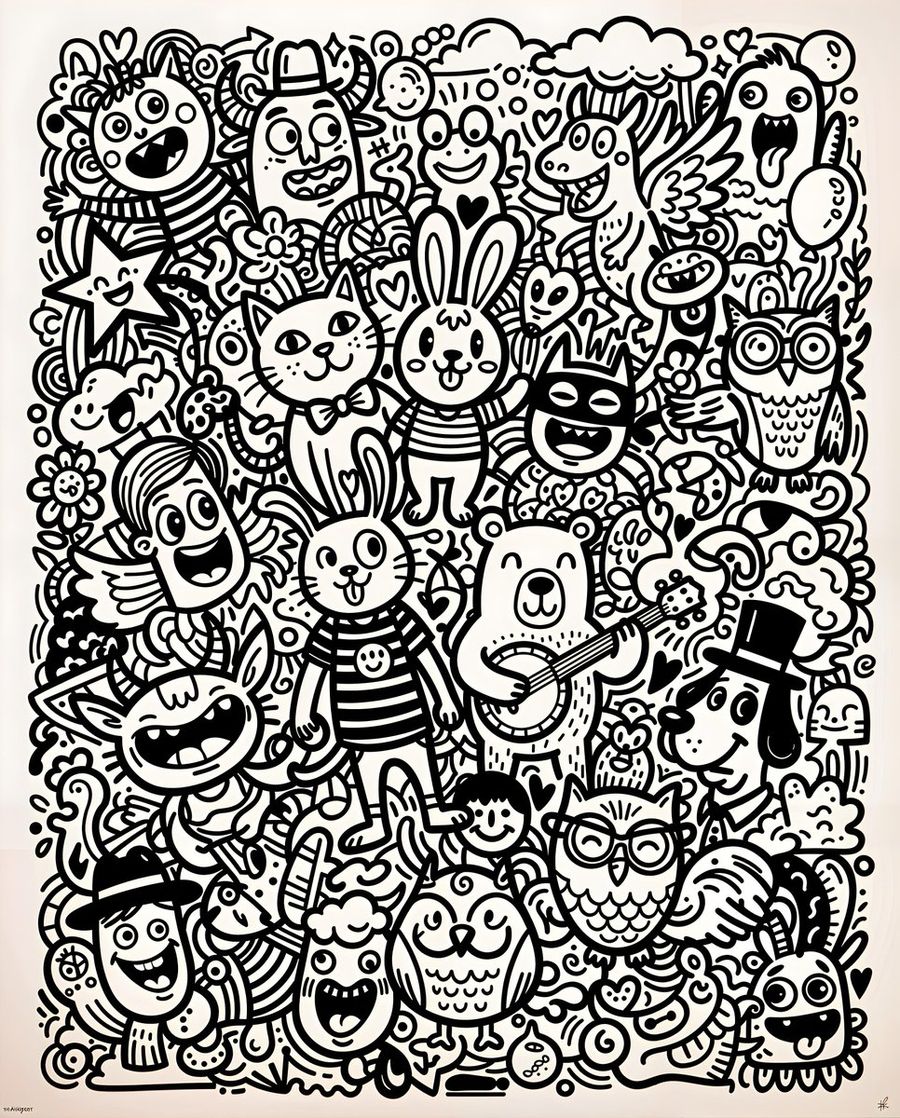 Black White Abstract Doodle Figures — Nano Banana Pro image prompt example