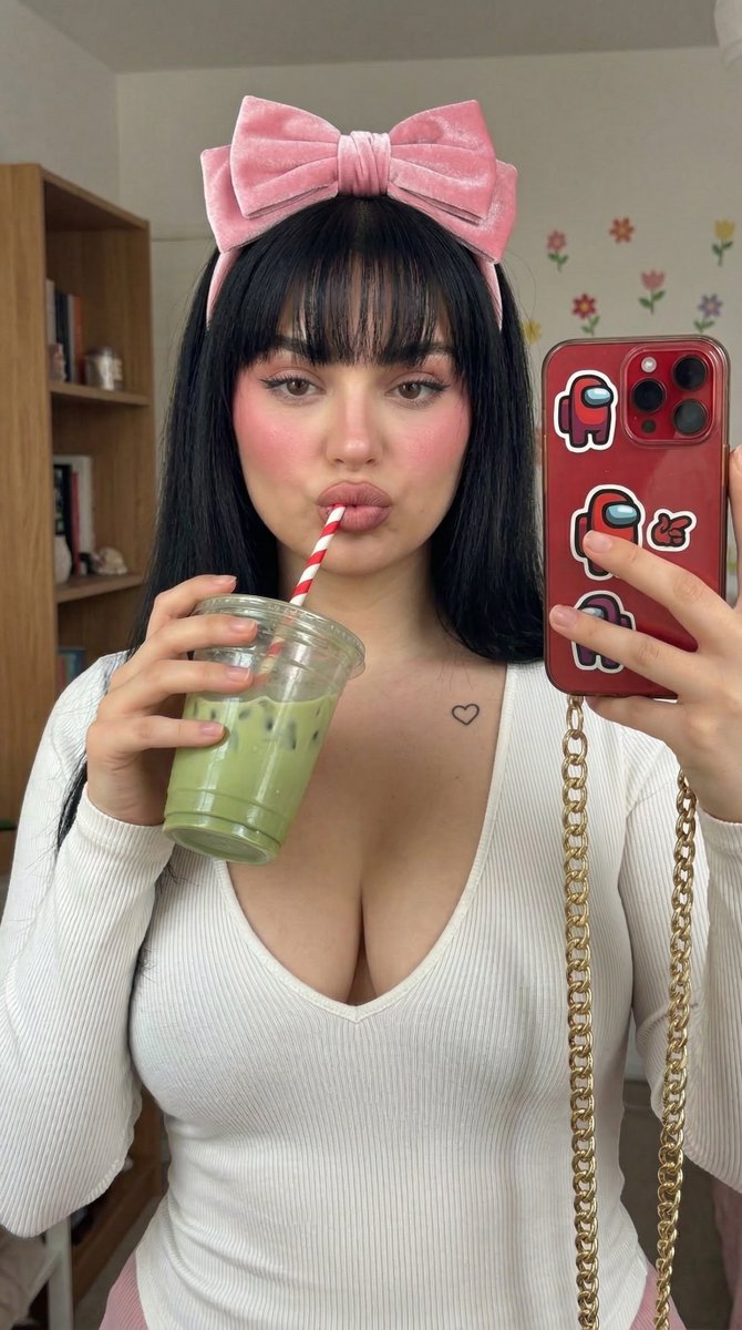 Blush Heavy Matcha Selfie With Pink Bow Headband — Nano Banana Pro image prompt example