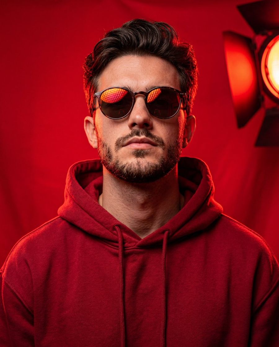 Bold Studio Portrait With Red Hoodie And Dark Sunglasses — Nano Banana Pro image prompt example