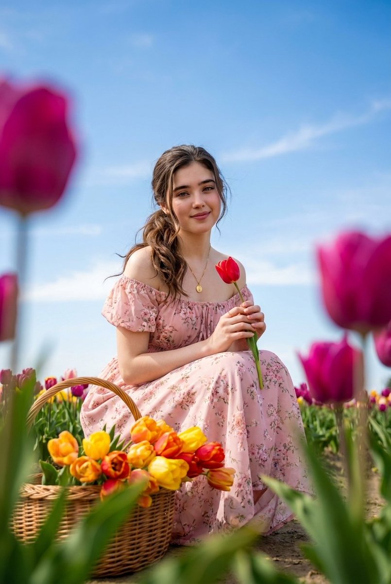Brunette Woman In Tulip Field Portrait — Nano Banana Pro image prompt example