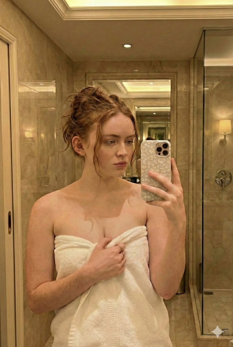 Candid Bathroom Mirror Selfie Redhead Likeness — Nano Banana Pro image prompt example