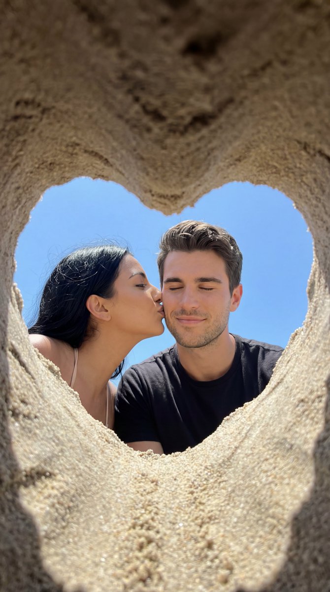 Candid Beach Kiss Framed By Sand Heart — Nano Banana Pro image prompt example