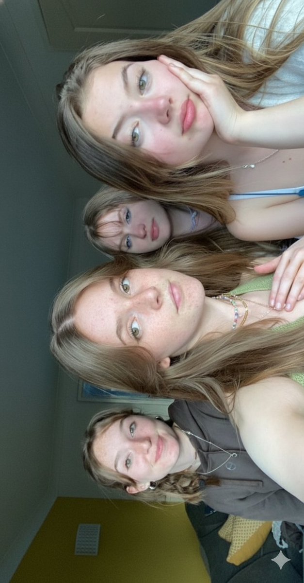 Candid Bedroom Selfie Of Three Freckled Girls — Nano Banana Pro image prompt example