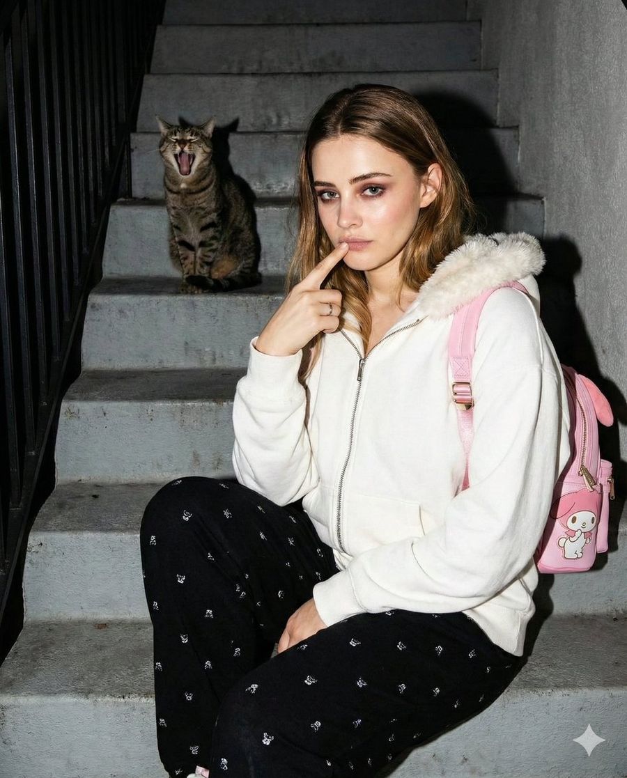 Candid Gen Z Street Style Photo With Hidden Cat — Nano Banana Pro image prompt example
