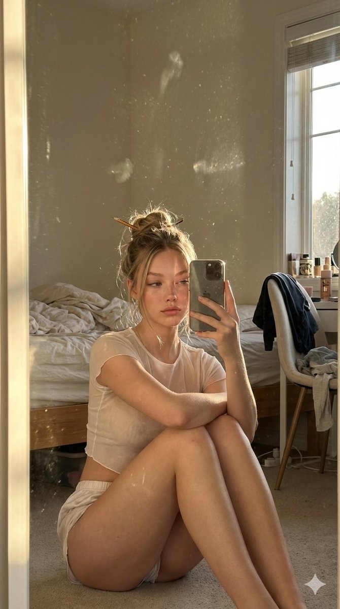 Candid Golden Hour Iphone Mirror Selfie In A Messy Bedroom — Nano Banana Pro image prompt example