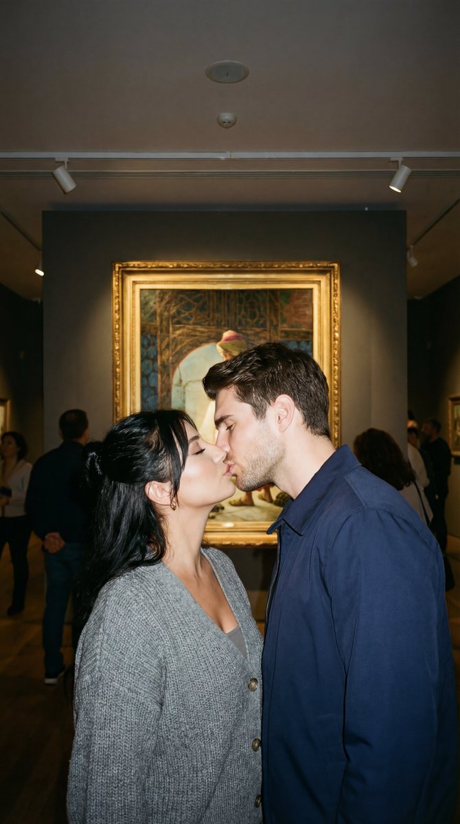 Candid Kiss In Pera Museum Film Still — Nano Banana Pro image prompt example