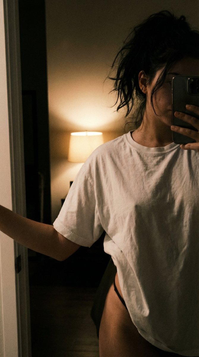 Candid Mirror Selfie In Oversized T Shirt And Underwear — Nano Banana Pro image prompt example