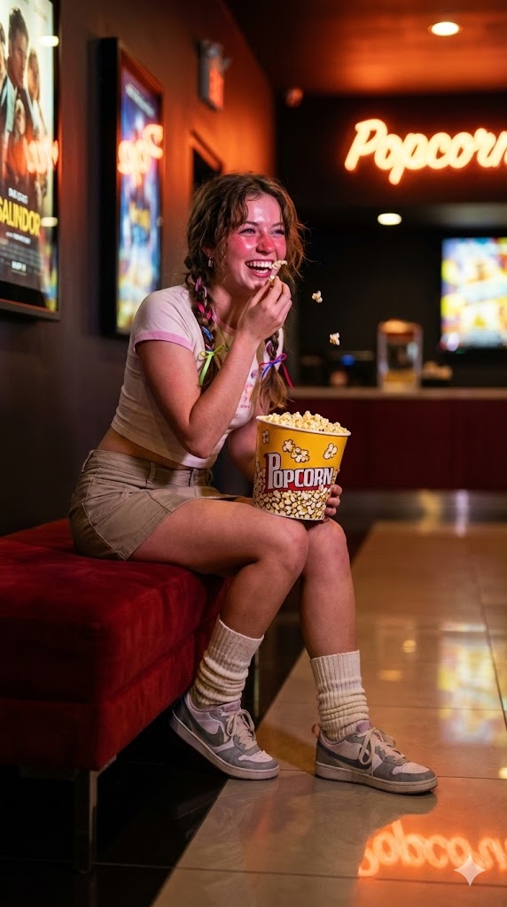 Candid Night Snapshot In A Retro Cinema Lobby — Nano Banana Pro image prompt example
