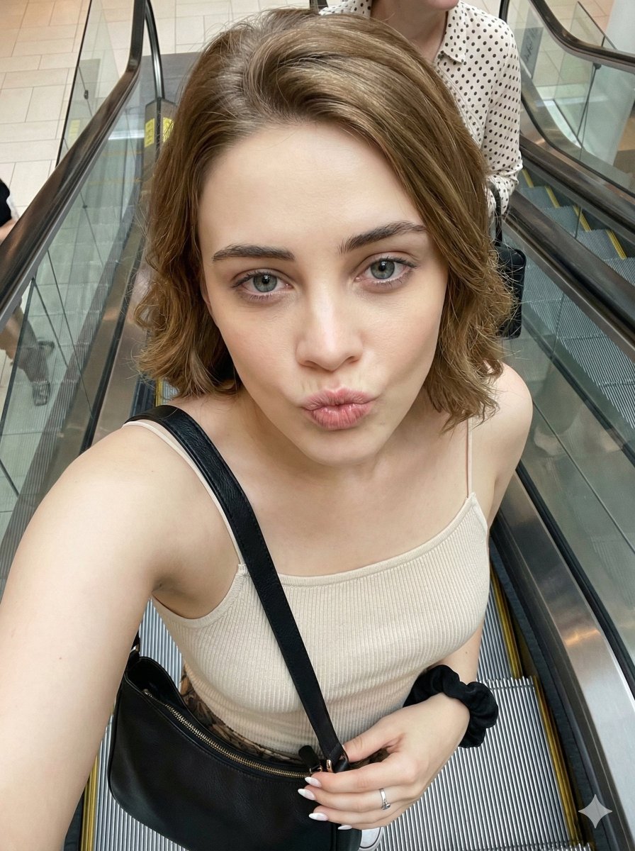 Candid Selfie Prompt With Duck Face Expression On Escalator — Nano Banana Pro image prompt example