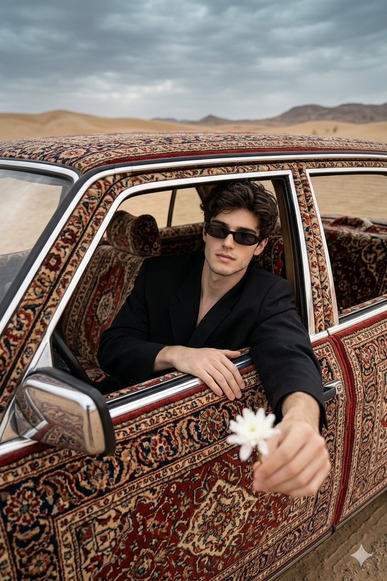 Carpet Covered Vintage Car Fashion Shoot — Nano Banana Pro image prompt example