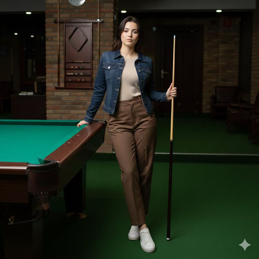 Casual Lifestyle Portrait In A Billiards Lounge Brown Trousers — Nano Banana Pro image prompt example
