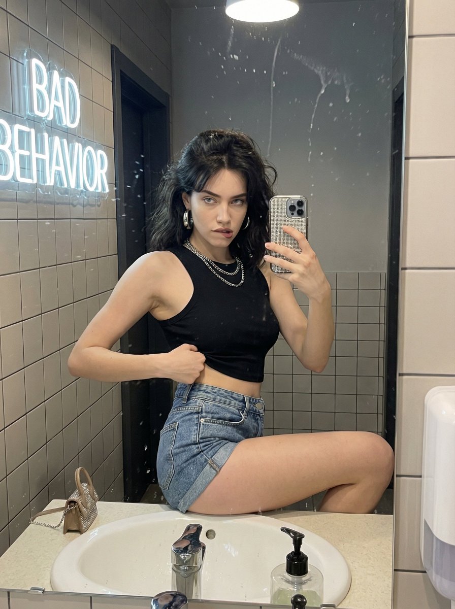 Chaotic Confident Caf Bathroom Mirror Selfie — Nano Banana Pro image prompt example
