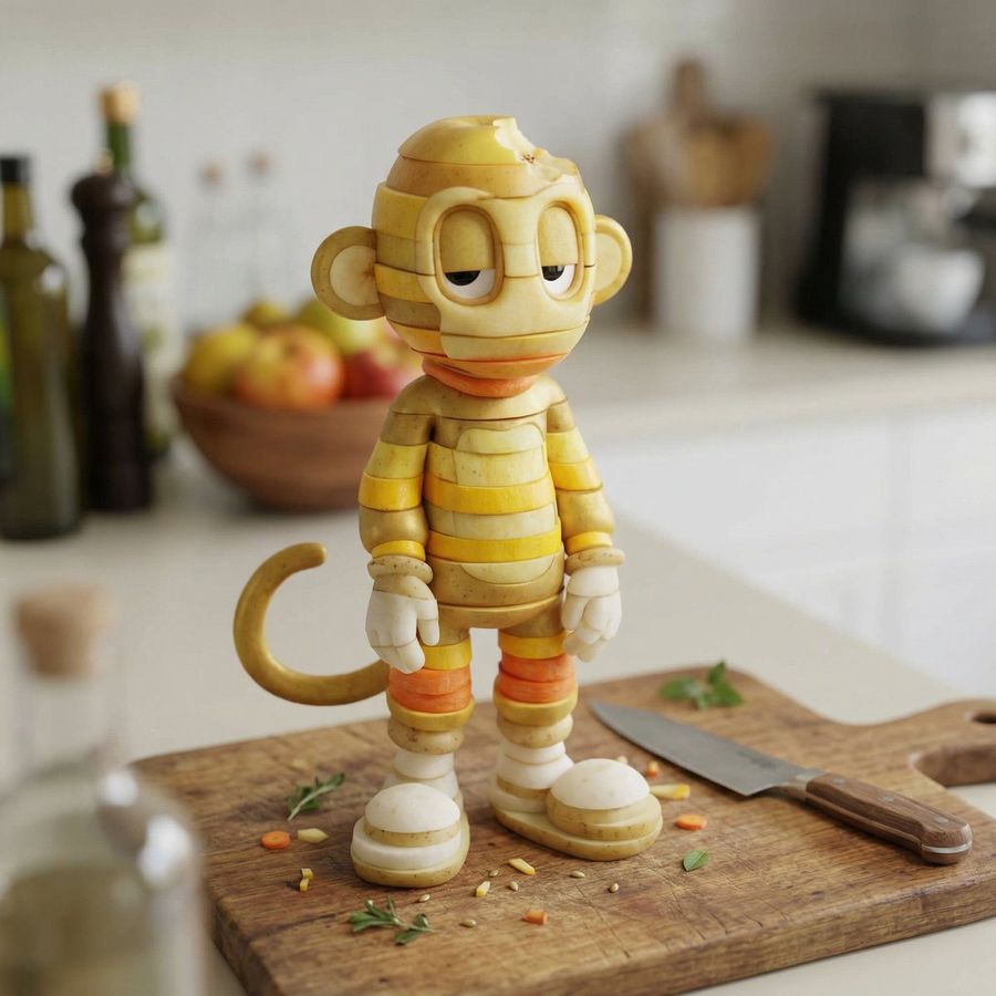Character Rebuilt From Sliced Fruits And Vegetables — Nano Banana Pro image prompt example