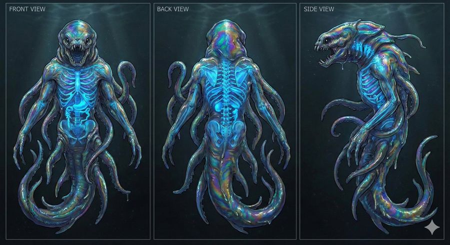 Character Sheet For Deep Sea Creature With Bioluminescent Skeleton — Nano Banana Pro image prompt example