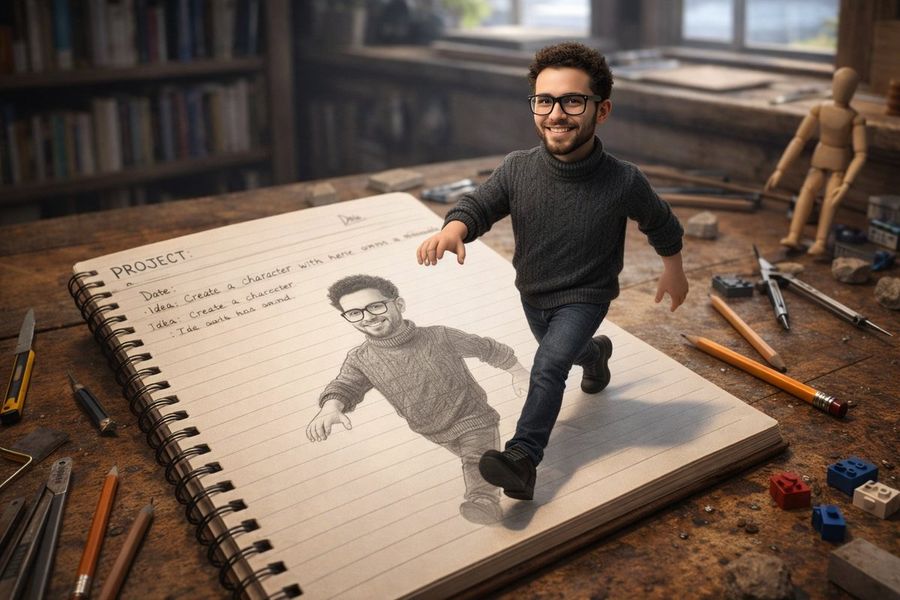 Character Stepping Out Of A Sketchbook Surreal Photo — Nano Banana Pro image prompt example