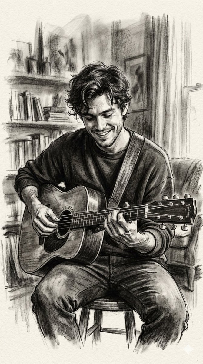 Charcoal Portrait Of Guitarist — Nano Banana Pro image prompt example