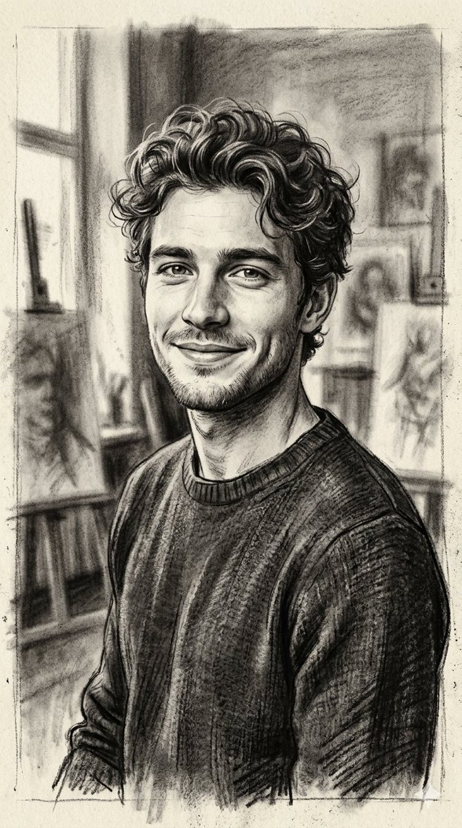 Charcoal Sketch Portrait Young Man — Nano Banana Pro image prompt example