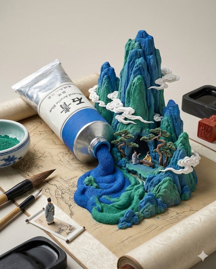 Chinese Landscape Painting Pigment Squeeze — Nano Banana Pro image prompt example