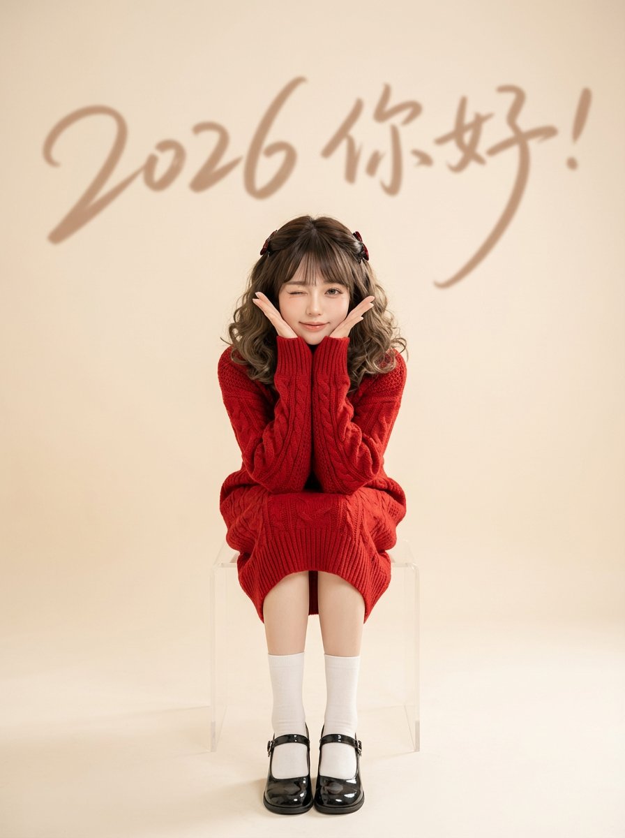 Chinese New Year Portrait With Red Knitwear And Minimalist Studio Look — Nano Banana Pro image prompt example