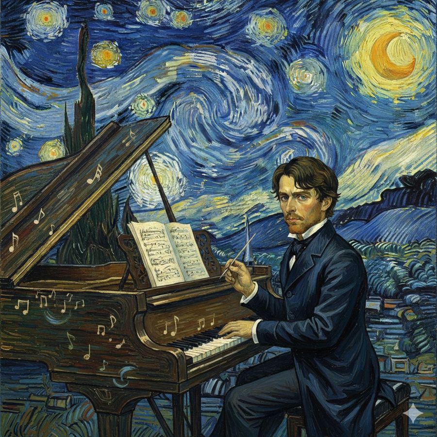 Chopin In Van Goghs Starry Night Style Prompt — Nano Banana Pro image prompt example