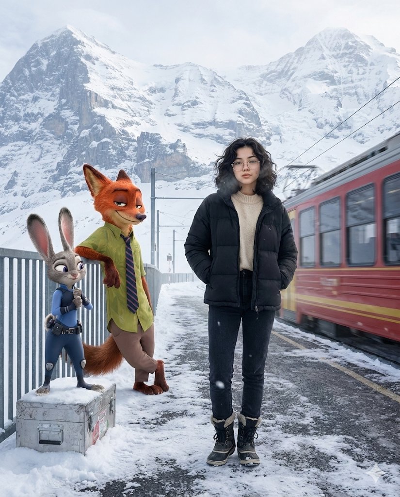Cinematic Alpine Travel Scene With Zootopia Characters Prompt — Nano Banana Pro image prompt example