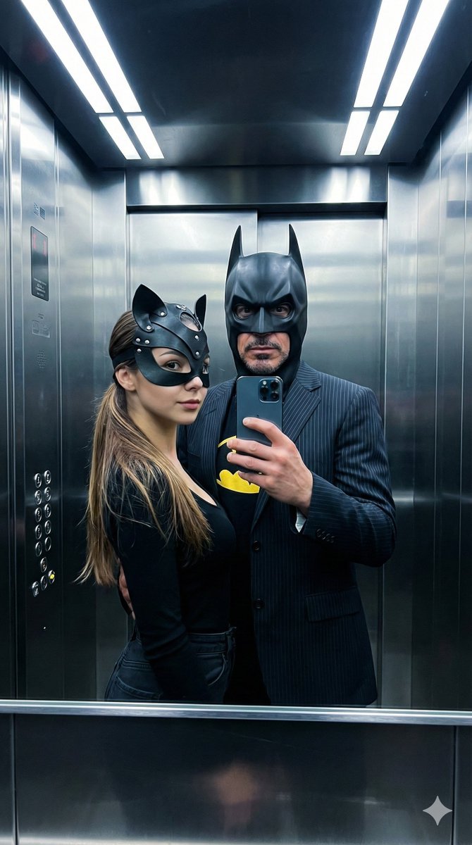 Cinematic Batcat Couple Mirror Selfie With Identity Lock — Nano Banana Pro image prompt example
