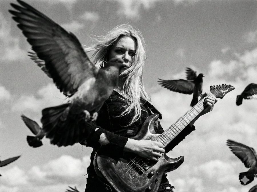 Cinematic Black And White Photo Of Woman With Guitar And Pigeons — Nano Banana Pro image prompt example
