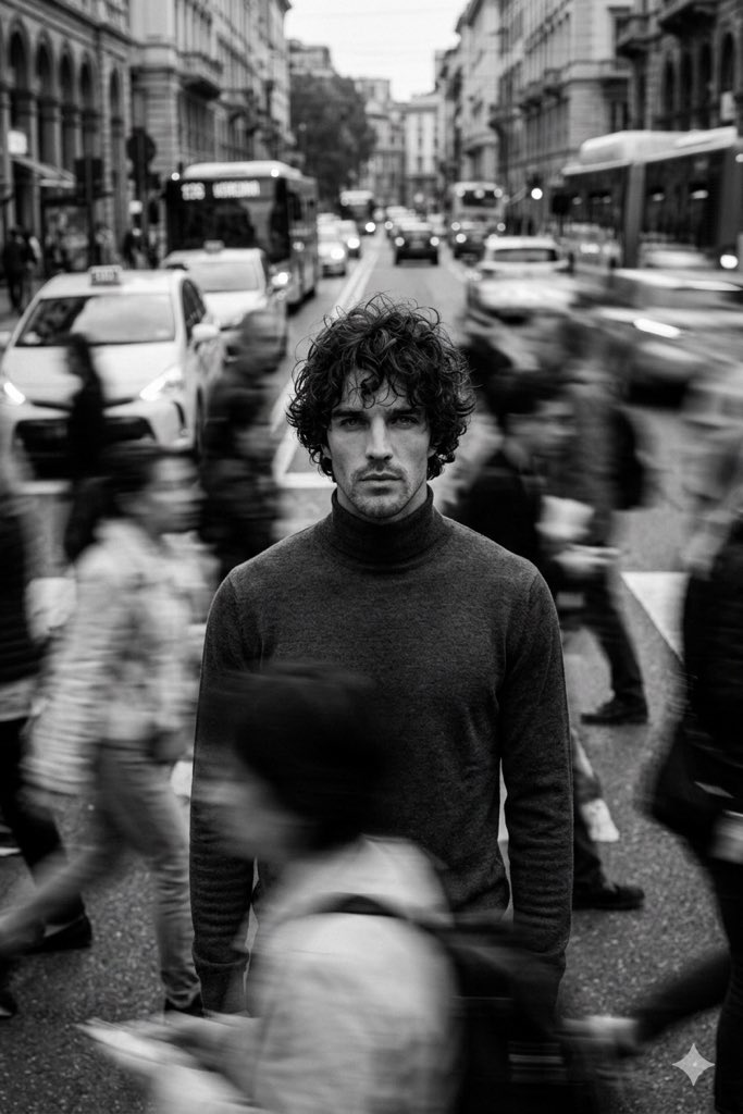Cinematic Black And White Portrait In A Crowd — Nano Banana Pro image prompt example