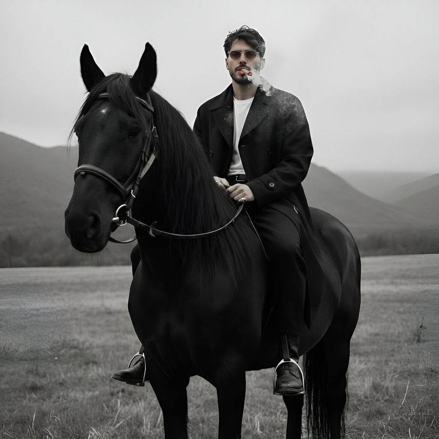 Cinematic Black And White Portrait Prompt Of Man With Horse And Cigar — Nano Banana Pro image prompt example