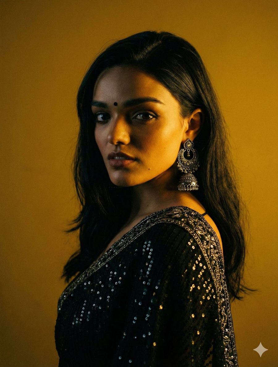 Cinematic Chiaroscuro Portrait In Saree — Nano Banana Pro image prompt example