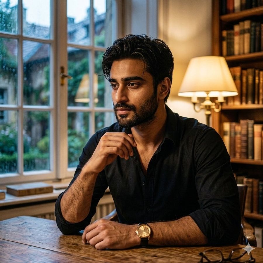 Cinematic Chiaroscuro Portrait Of A South Asian Man In A Library — Nano Banana Pro image prompt example