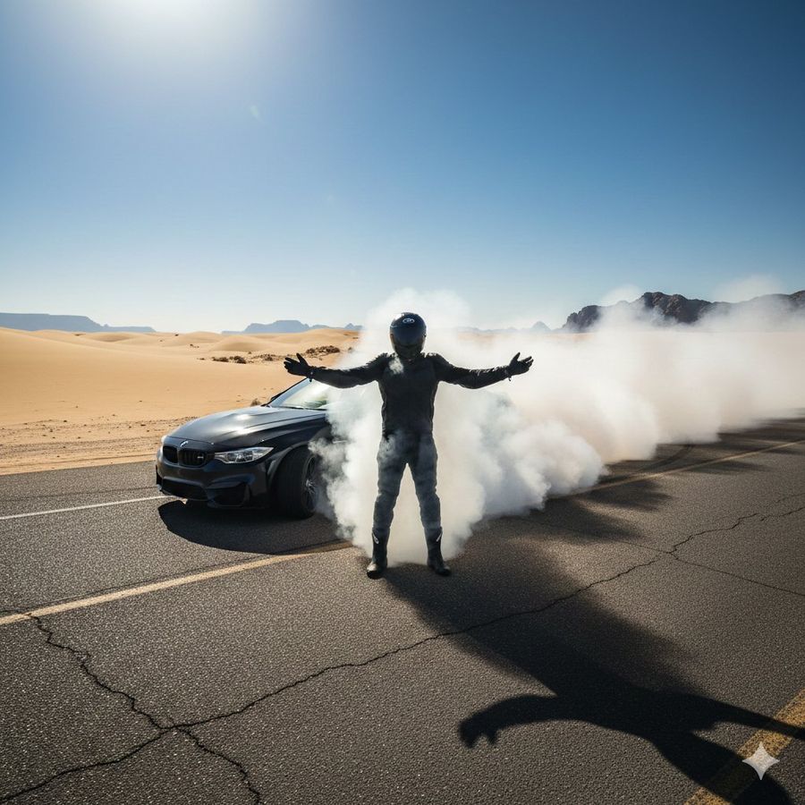 Cinematic Desert Drifting Scene With Batman Like Figure — Nano Banana Pro image prompt example