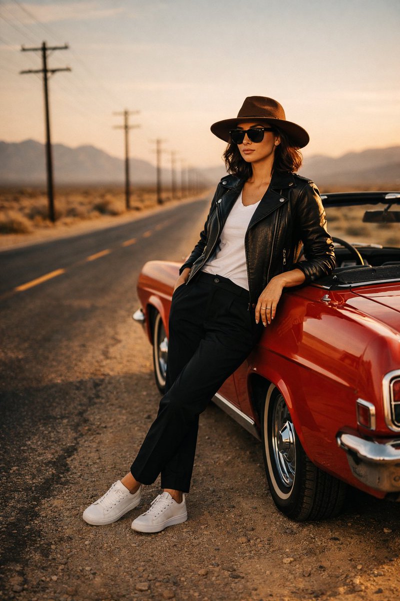 Cinematic Desert Highway Fashion Portrait — Nano Banana Pro image prompt example