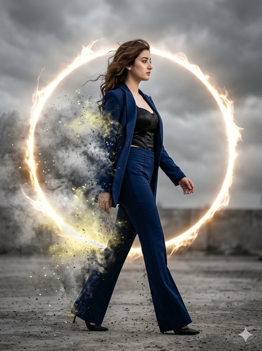 Cinematic Disintegrating Fashion Editorial — Nano Banana Pro image prompt example