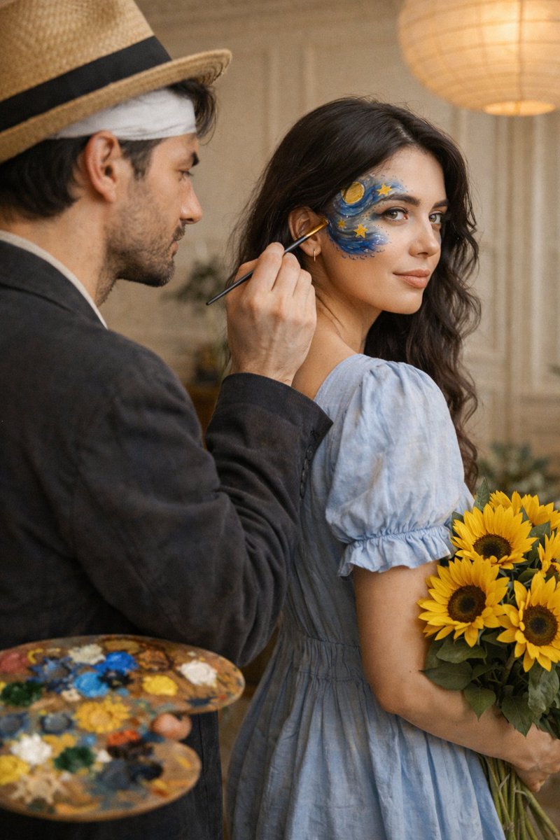 Cinematic Editorial Couple Portrait With Starry Night Face Paint — Nano Banana Pro image prompt example