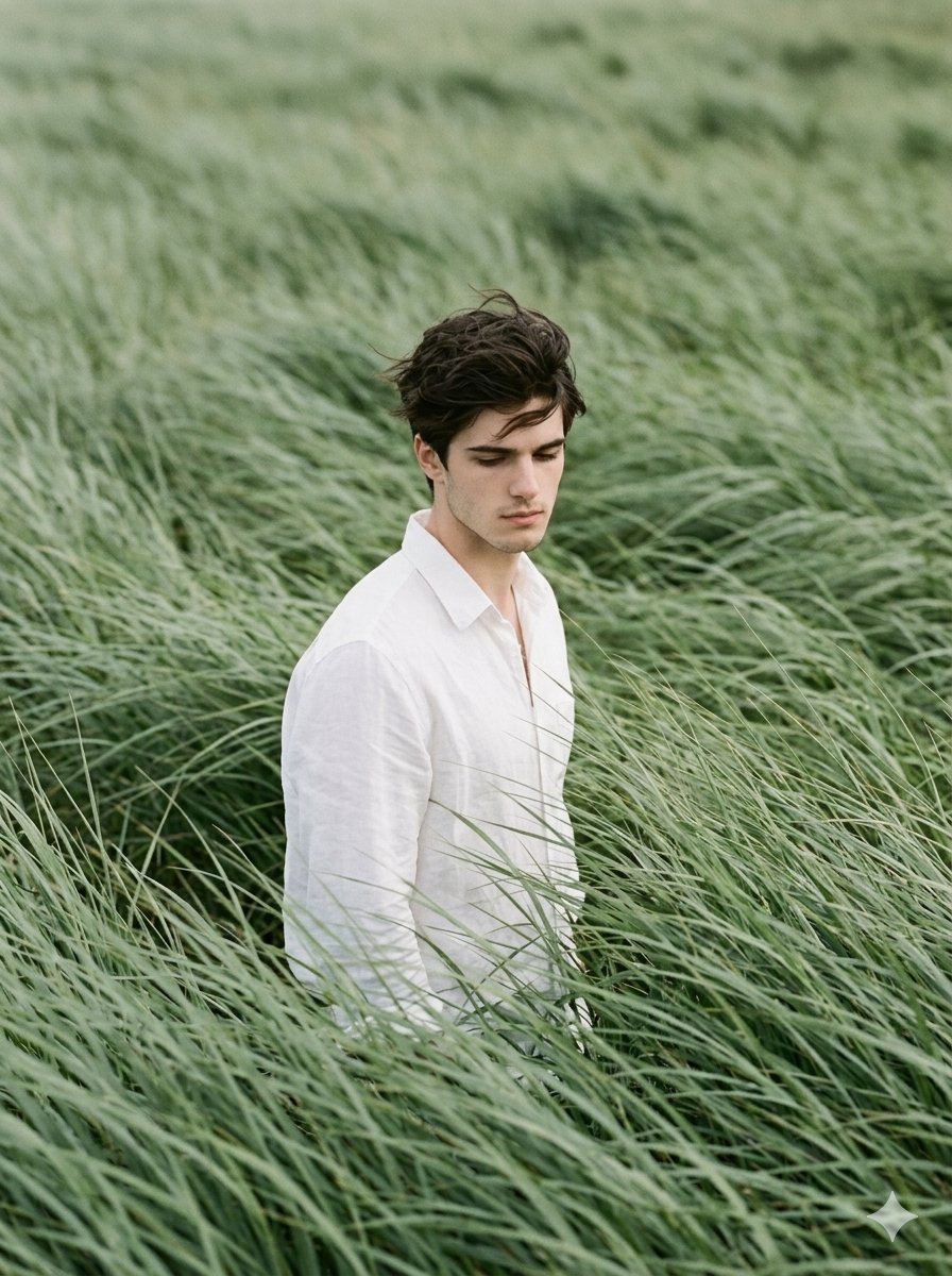 Cinematic Editorial Portrait In Sage Green Grass Fields — Nano Banana Pro image prompt example