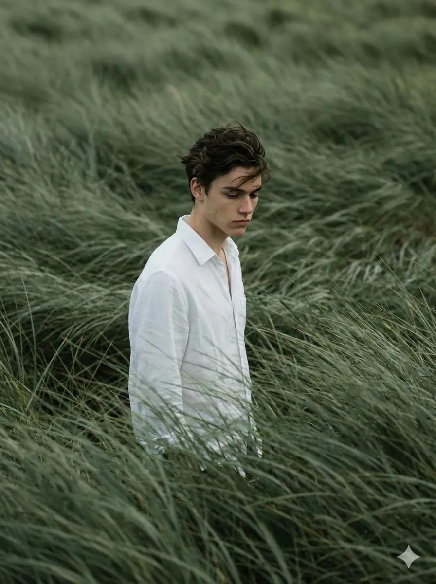 Cinematic Editorial Portrait In Wind Swept Grass Fields — Nano Banana Pro image prompt example