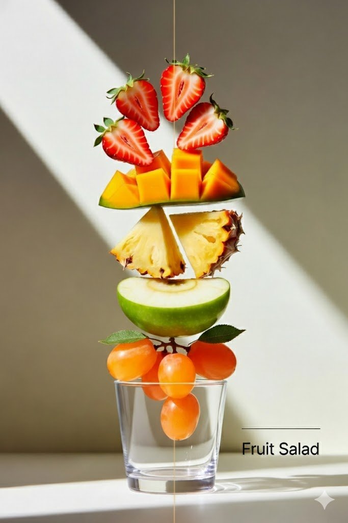 Cinematic Exploded Vertical Fruit Salad — Nano Banana Pro image prompt example