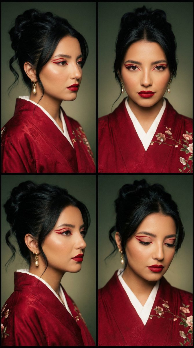 Cinematic Fashion Editorial Grid Red Kimono  Graphic Liner — Nano Banana Pro image prompt example
