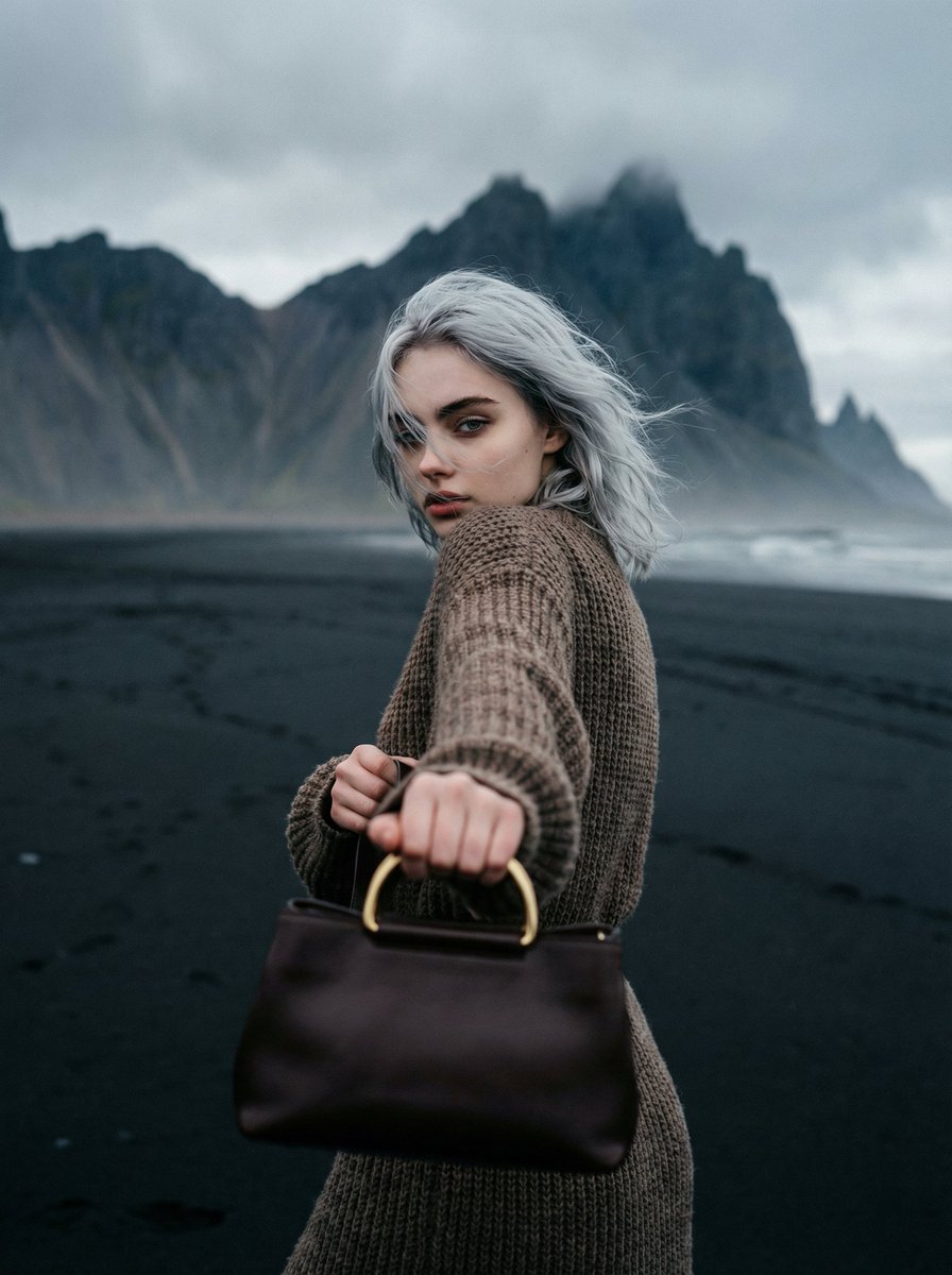 Cinematic Fashion On Black Sand Beach Prompt — Nano Banana Pro image prompt example