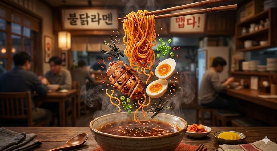 Cinematic Food Commercial Shot Of Deconstructed Buldak Ramen — Nano Banana Pro image prompt example